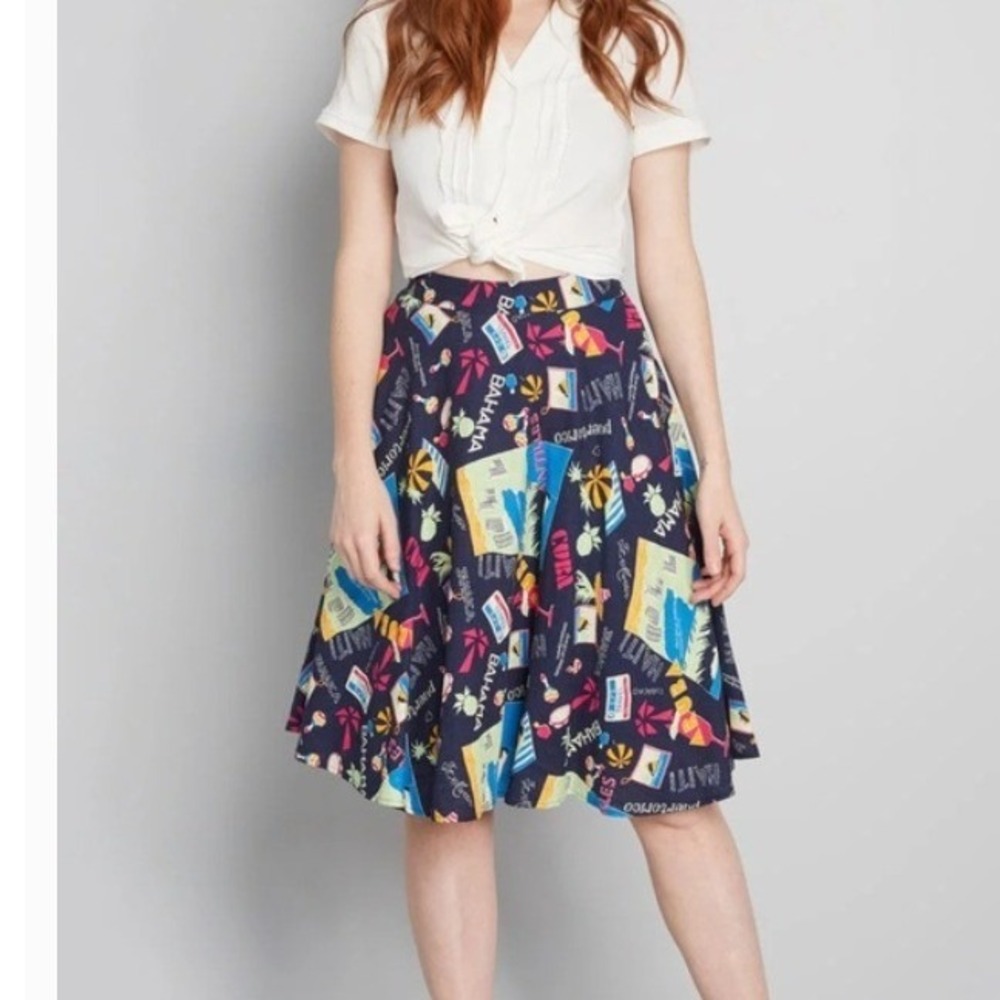 ModCloth Navy Blue Tropical Caribbean Travel‎ Postcard Print A-Line Skirt 2X